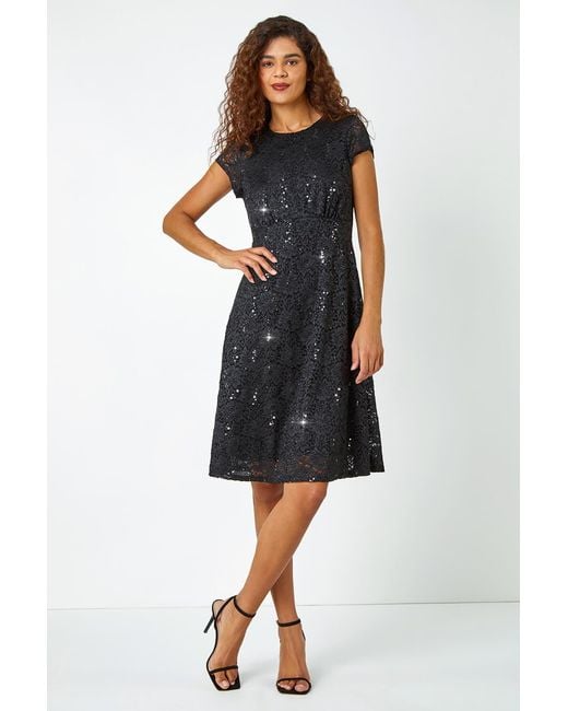 Roman Black Sequin Fluted Hem Lace Stretch Dress