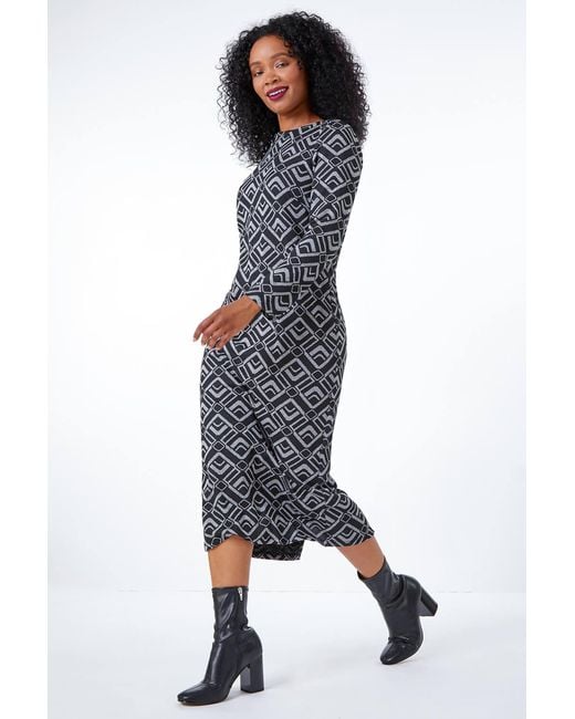 Roman Petite Gray Geometric Midi Dress