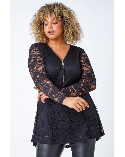 Roman Curve Blue Zip Front Lace Stretch Top