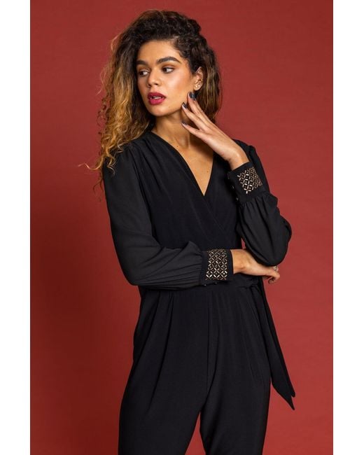 Roman Black Sparkle Embellished Cuff Wrap Jumpsuit