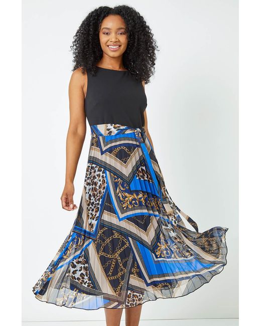 Roman Petite Blue Sleeveless Pleated Chiffon Midi Dress
