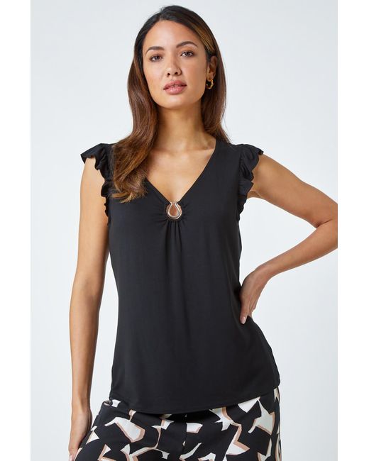 Roman Black Ring Detail Frill Stretch Top
