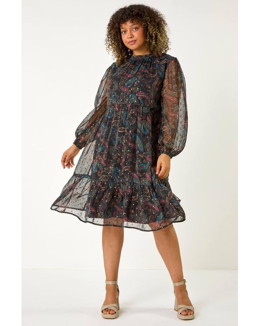 Roman Curve Gray Metallic Print High Neck Swing Dress