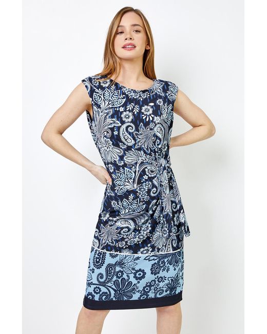 Roman Petite Blue Paisley Print Tie Waist Dress