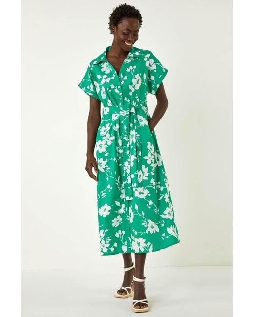 Roman Green Floral Cotton Poplin Shirt Dress