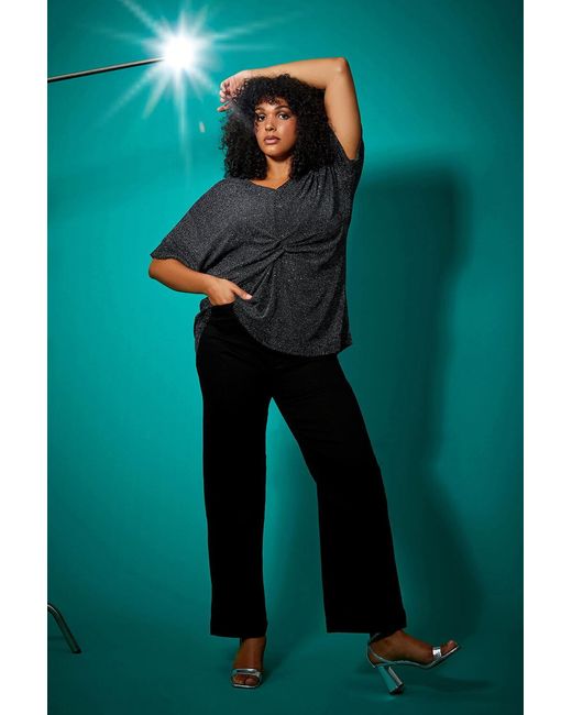 Roman Curve Metallic Twist Front Glitter Stretch Tunic Top