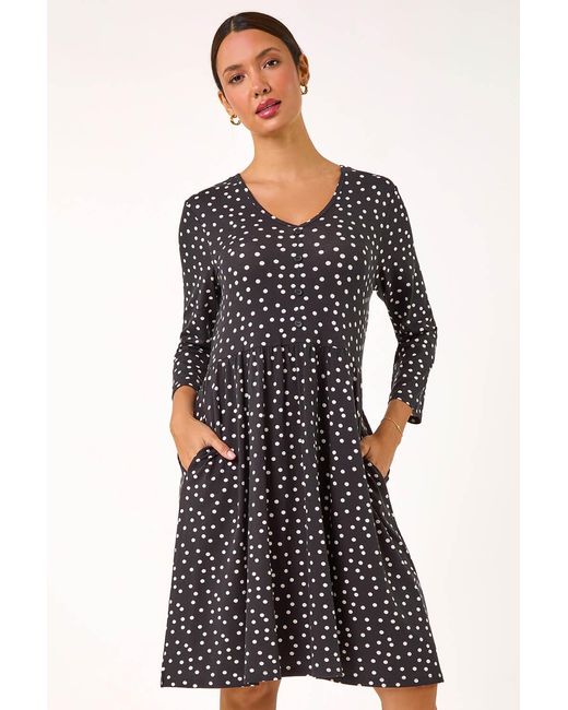 Roman Black Spot Print Button Detail V-Neck Dress