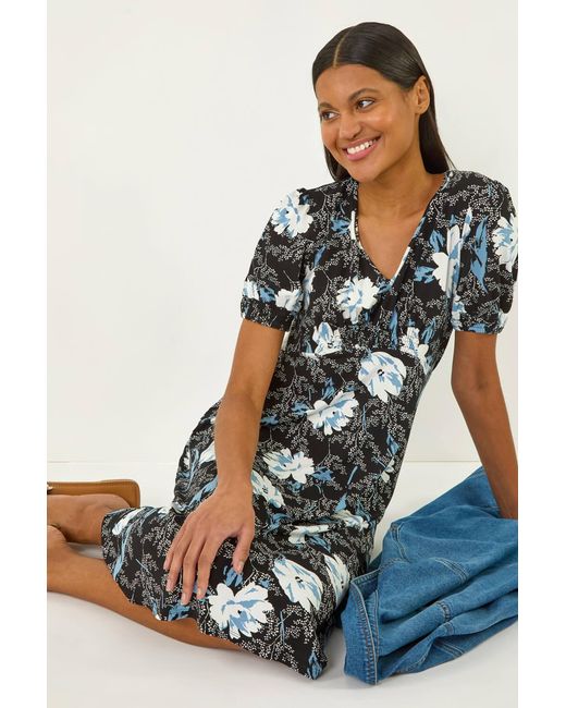 Roman Gray Floral Print V-Neck Stretch Midi Dress
