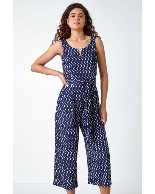 Roman Blue Belted Wave Print Cropped Jumpsuit