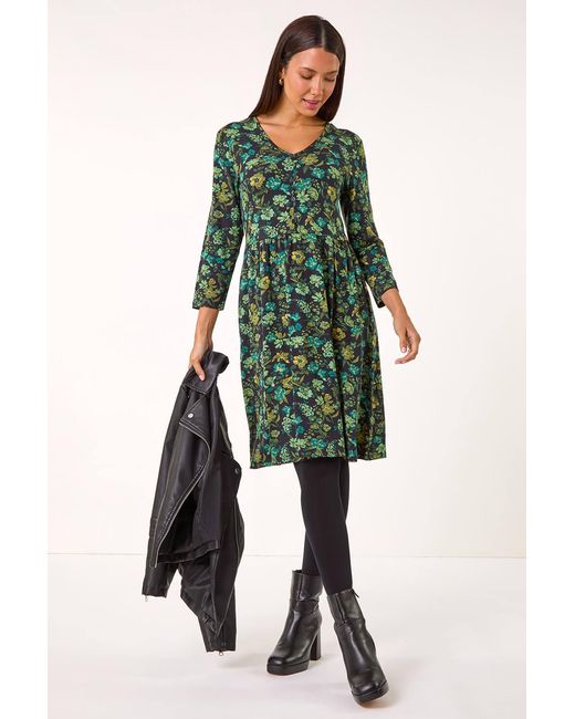 Roman Green Floral Print Button Stretch V-Neck Dress