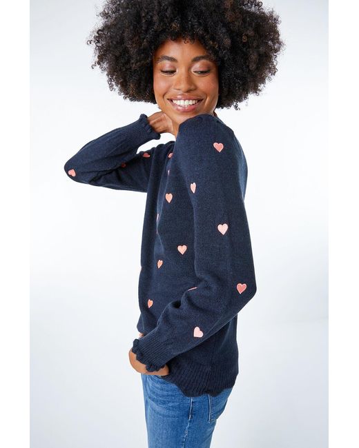 Roman Blue Heart Embroidered Scallop Hem Jumper