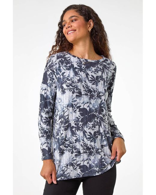 Roman Blue Floral Print Ribbed Top