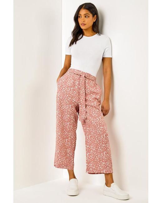 Roman Multicolor Ditsy Floral Elastic Tie Waist Cropped Culottes