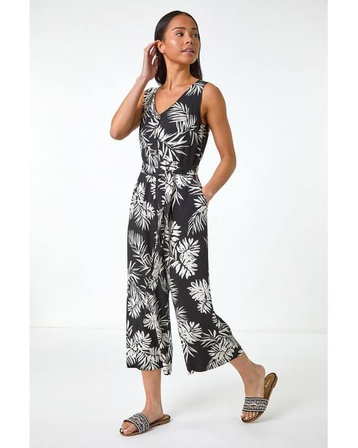 Roman Petite Black Leaf Print Cropped Jumpsuit