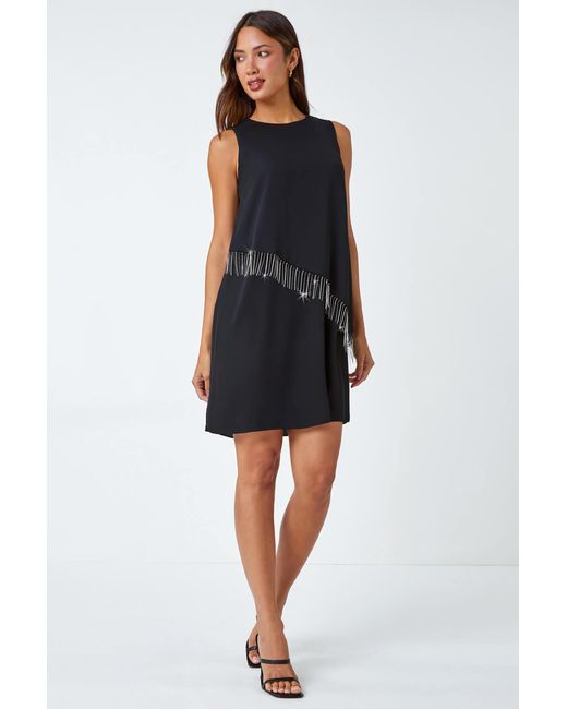 Roman Blue Diamante Trim Asymmetric Overlay Dress
