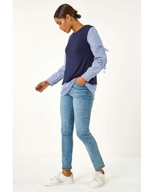 Roman Blue Stripe Bow Sleeve Stretch Top