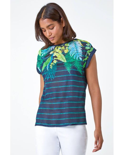Roman Gray Tropical Leaf Stripe Stretch T-shirt