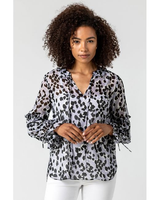 Roman Metallic Animal Print Tie Neck Blouse