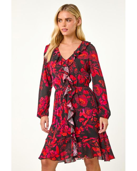 Roman Petite Red Floral Frill Detail Dress