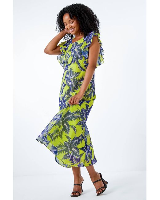 Roman Petite Multicolor Tropical Print Frill Sleeve Midi Dress