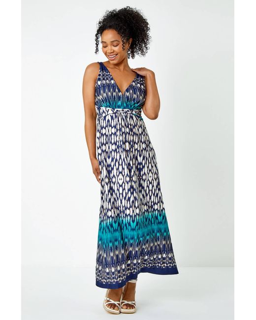 Roman Petite Blue Sleeveless Aztec Maxi Stretch Dress