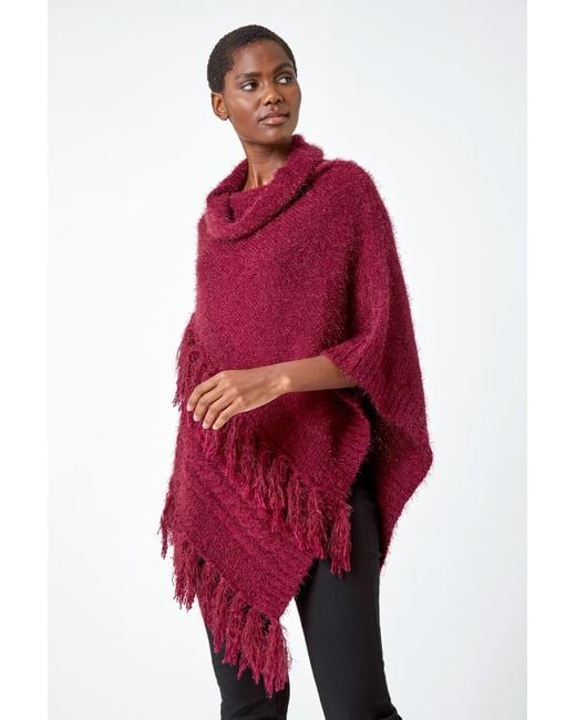 Roman Red One Size Cowl Fluffy Fringe Poncho