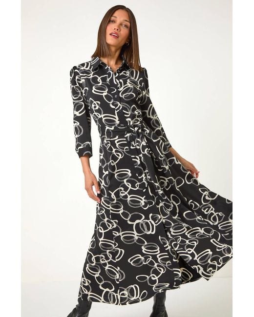 Roman Black Abstract Circle Print Midi Shirt Dress