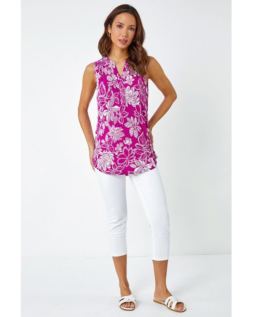 Roman Pink Textured Floral Print Sleeveless Top