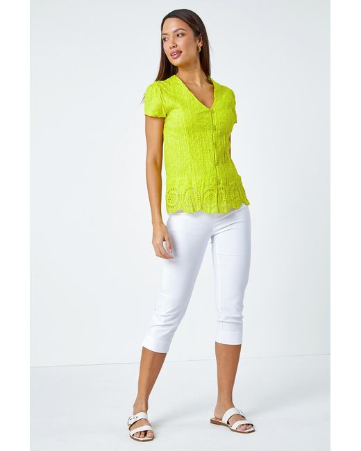 Roman Yellow Cotton Embroidered V-Neck Crinkle Blouse