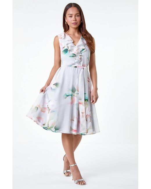 Roman Petite White Frill Detail Floral Dress