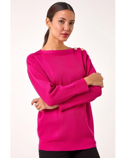 Roman Pink Slash Neck Button Detail Knit Jumper
