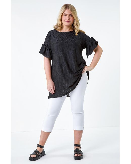 Roman Curve Black Textured Frill Detail Stretch T-Shirt