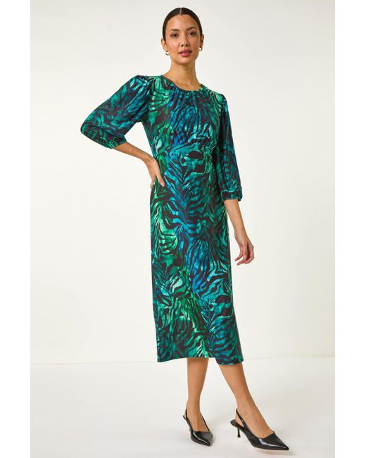 Roman Green Zebra Print Gathered Midi Dress