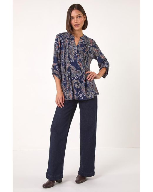 Roman Blue Paisley Print Pintuck Stretch Shirt