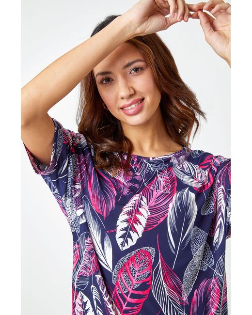 Roman Purple Leaf Print Textured Tunic Top