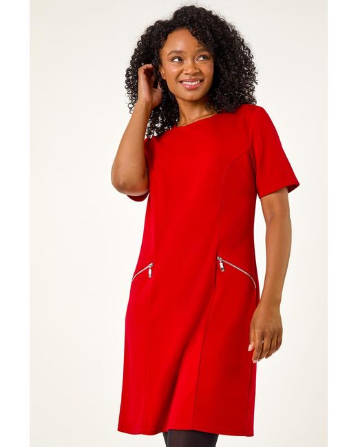 Roman Petite Red Zip Detail Pocket Shift Dress