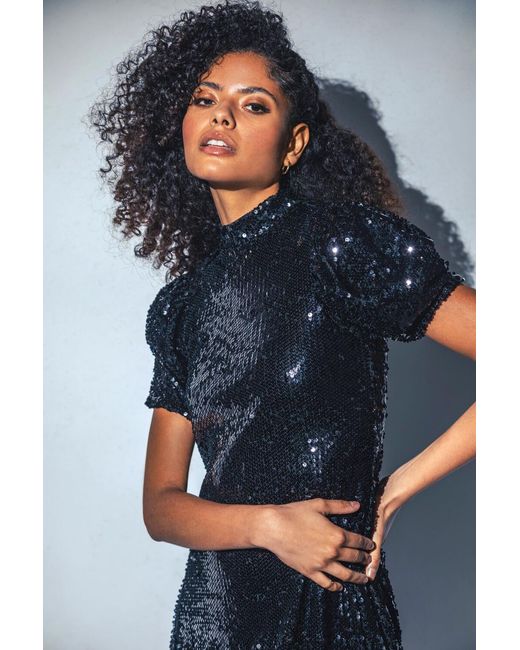 D.u.s.k Black Sequin Puff Sleeve Stretch Shift Dress