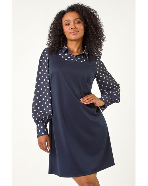 Roman Petite Blue Collared Contrast Stretch Dress