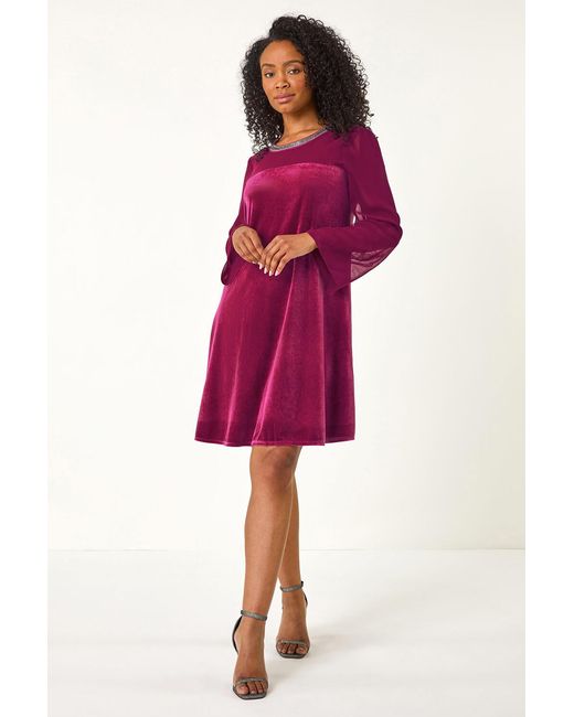 Roman Petite Red Neck Trim Velvet Dress