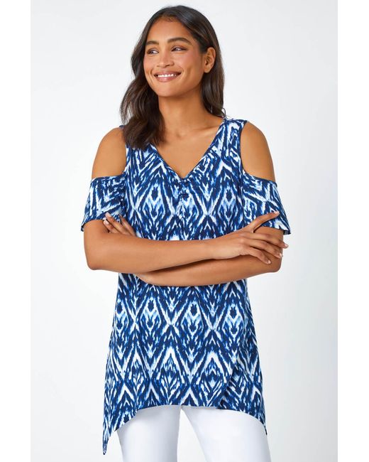 Roman Blue Tie Dye Jersey V-Neck Cold Shoulder Top
