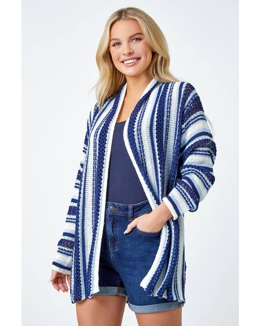 Roman Blue Petite Stripe Longline Knit Cardigan