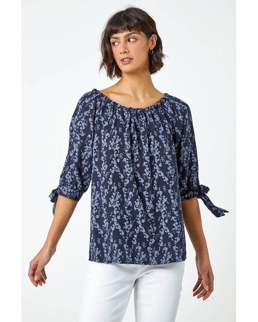 Roman Blue Ditsy Floral Print Bardot Top