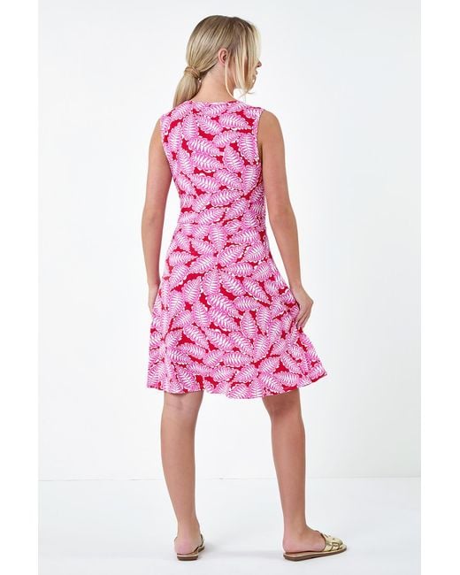 Roman Petite Pink Leaf Print Stretch Wrap Dress