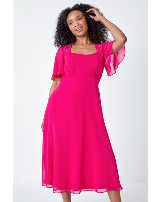 Roman Pink Petite Shimmer Pleated Chiffon Midi Dress