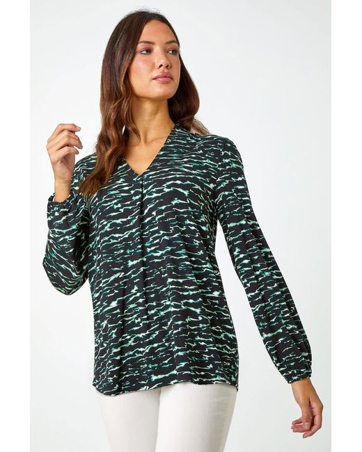 Roman Green Wave Print Pleated V-Neck Stretch Top