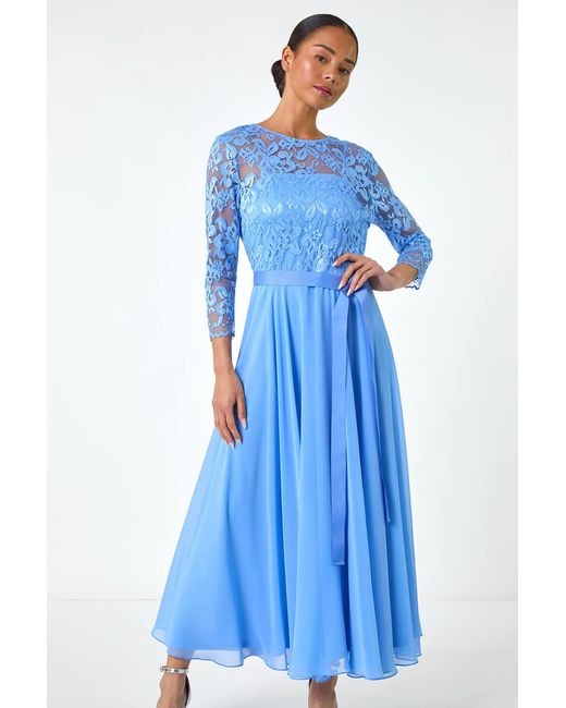 Roman Petite Blue Lace Tie Waist Maxi Dress