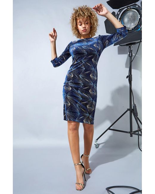 Roman Blue Glitter 3/4 Sleeve Velvet Dress