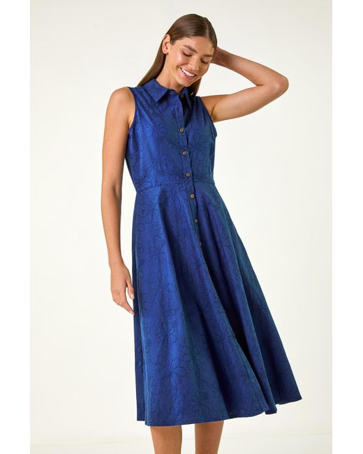Roman Blue Embroidered Buttoned Midi Dress