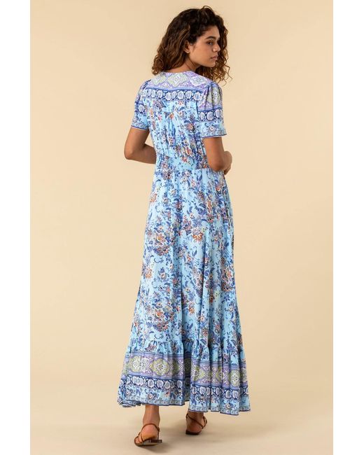Roman Blue Floral Print Shirred Waist Maxi Dress