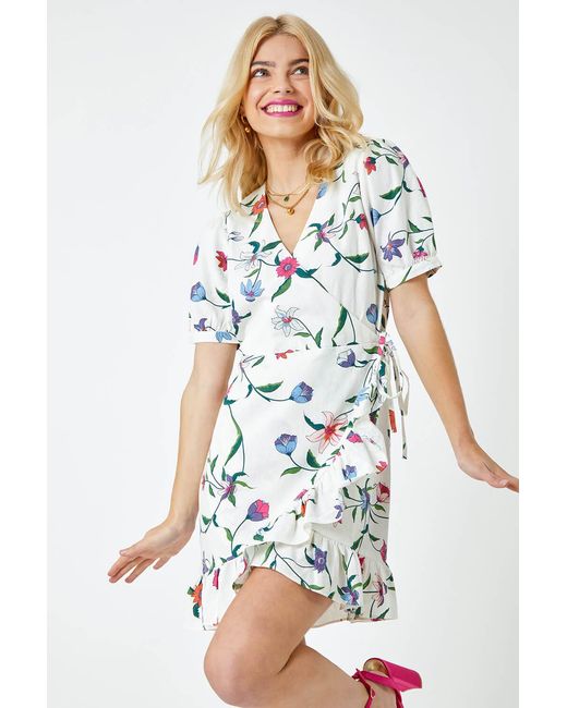 D.u.s.k White Floral Print Frill Wrap Dress